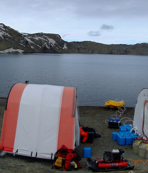 A panorama of the Deep Lake campsite where the University of New South Wales scientific team discovered a community of promiscuous haloarchaea.
