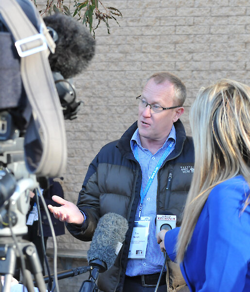Professor Tim Naish in front of the media after his keynote presentation.