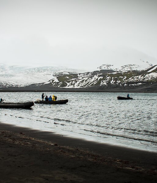 Three small rubber boats ferry tourists to the shores of Heard Island.