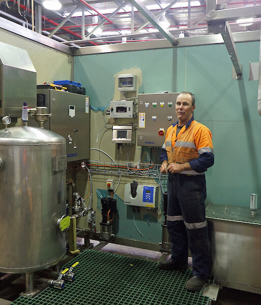 Welder, Stuart Norris, assists with the construction of the advanced treatment plant at the Australian Antarctic Division.