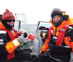 Nick (right) and Dr Rochelle Constantine during a break from satellite tagging humpback whales in the Southern Ocean in 2009.