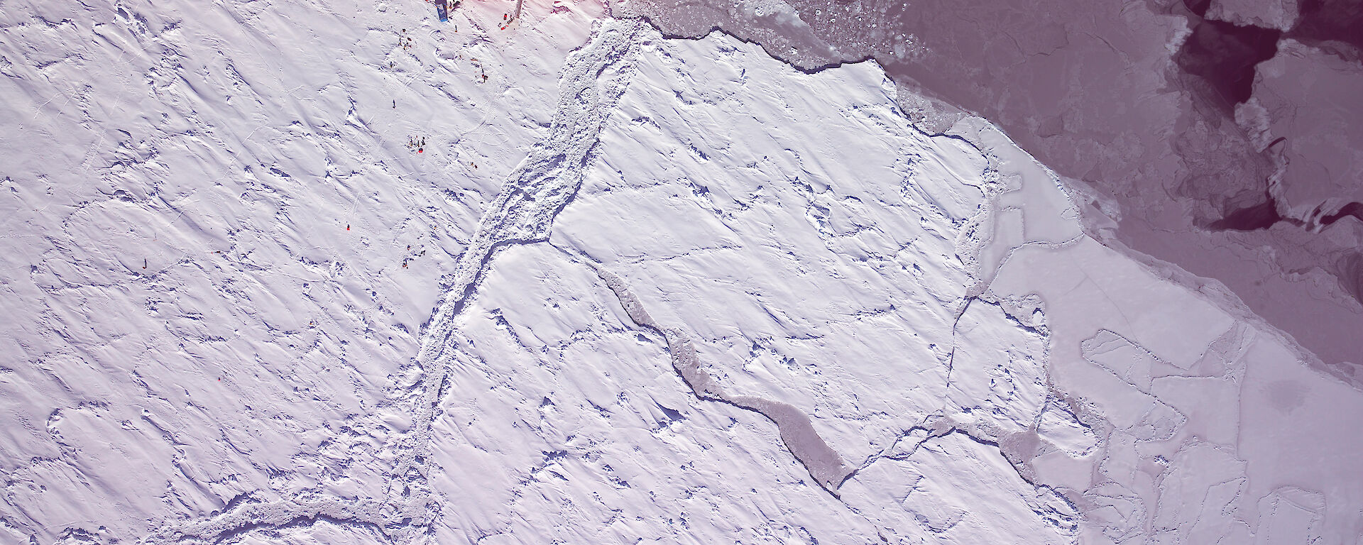 An aerial photograph taken with the high resolution digital camera in the helicopter, showing part of a survey area or Â‘transectÂ’ to the left of the ship with scientists working on the ice.