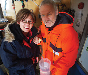 Dr Bettina Meyer (left) and Dr Ulrich Freier from the Alfred Wegener Institute of Polar and Marine Science onboard the Aurora Australis in October 2012.