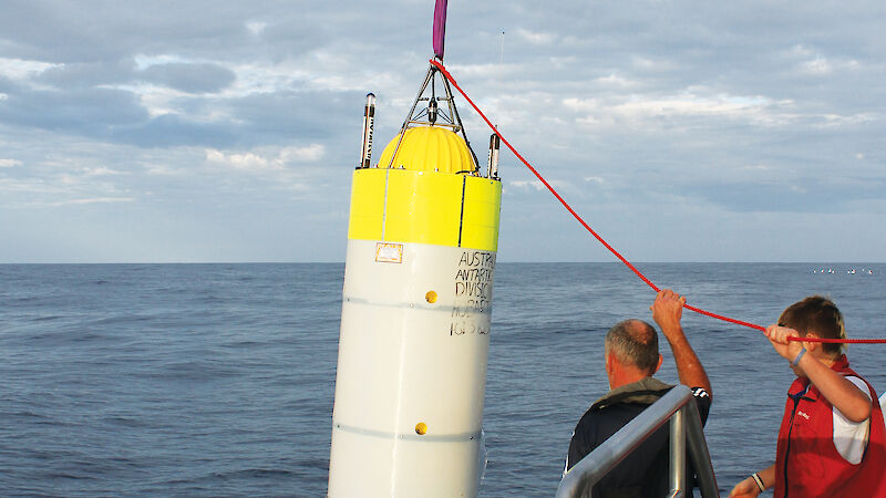Scientists retrieve the prototype moored acoustic recorder, which may be used for 15 month deployments in the Southern Ocean in the future.