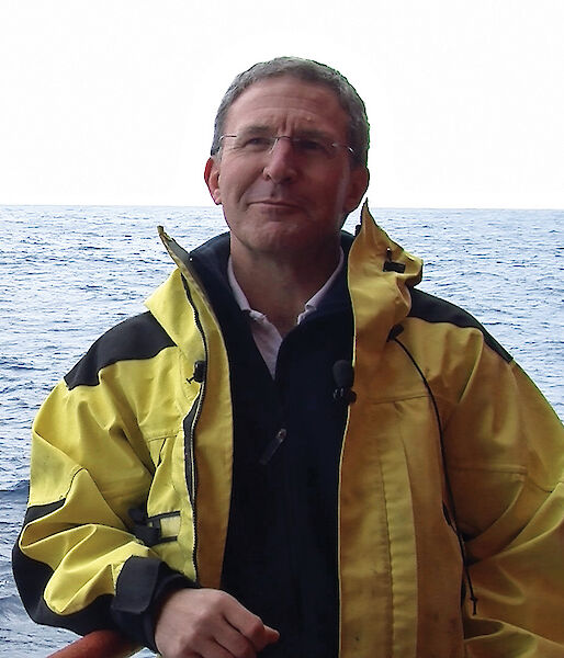 Picture of Dr Steve Rintoul on the Aurora Australis in the Southern Ocean.