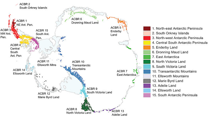 A map showing the 15 bioregions in Antarctica.