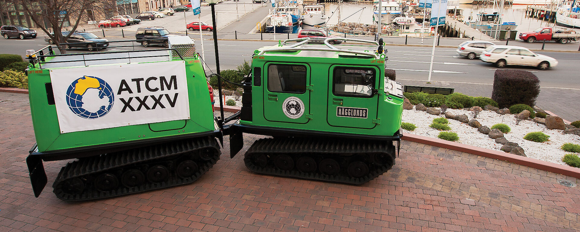 A green hagglund outside Hobart’s Grand Chancellor Hotel.