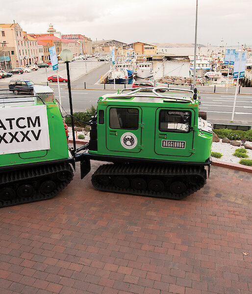 A green hagglund outside Hobart’s Grand Chancellor Hotel.