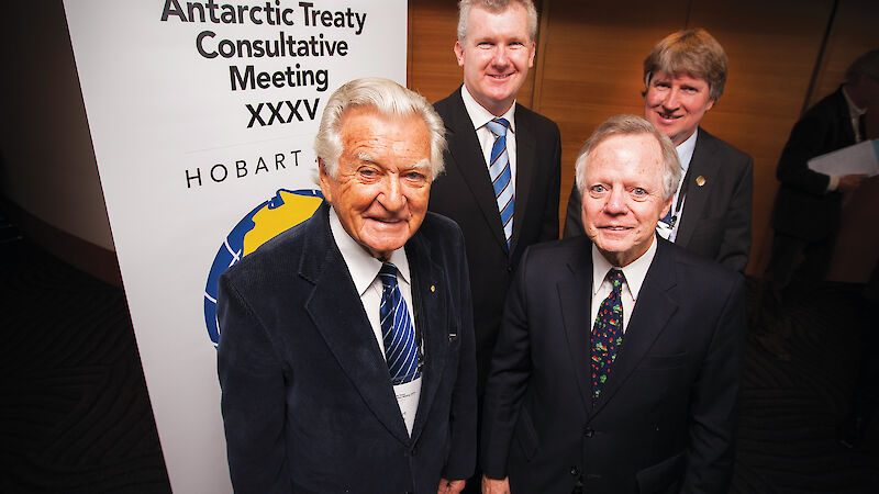Attending the Antarctic Treaty Consultative meeting in Hobart were (L-R): Former Prime Minister The Hon Bob Hawke (AC), Minister for the Environment The Hon Tony Burke, ATCM 35 Chair Mr Richard Rowe, and Australian Antarctic Division Director Dr Tony Fleming