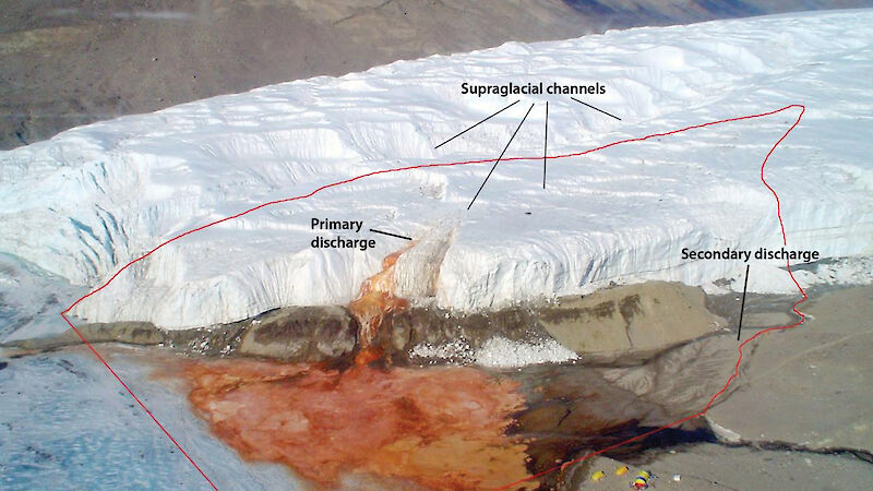Blood Falls in Antarctica, named for the unique microbial community that turns the water red.