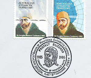 Two stamps for the Australian Antarctic Territory and a Project Blizzard postmarker for 1985–86.
