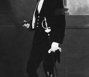 Douglas Mawson dressed to receive his knighthood on Monday 29 June 1914, at St James Palace throne room.