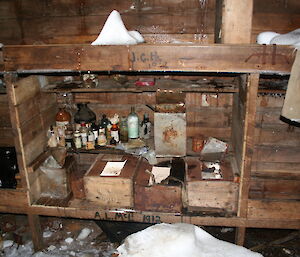 Artefacts on Dr Archie McLean’s bunk inside the Main Hut, catalogued by the Mawson’s Huts Foundation conservators in 2005.