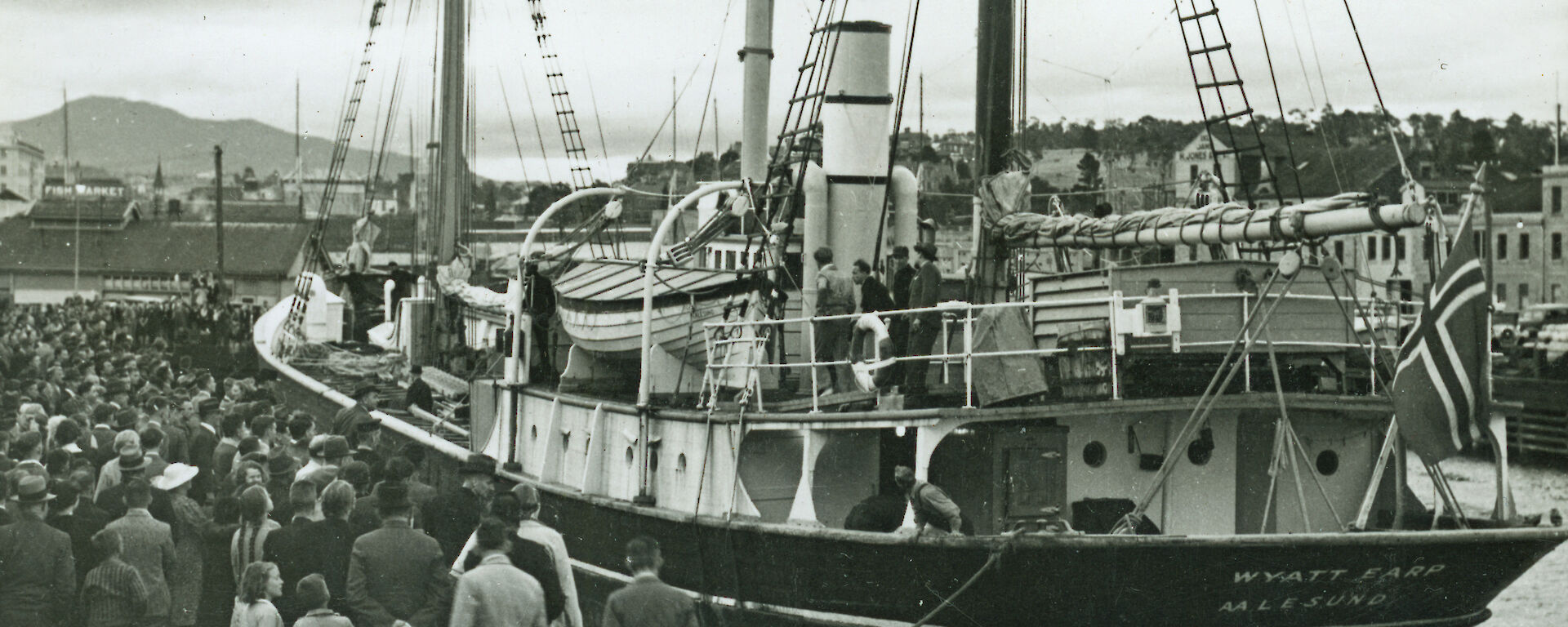 The Wyatt Earp arriving in Hobart for her final voyage with American explorer Lincoln Ellsworth