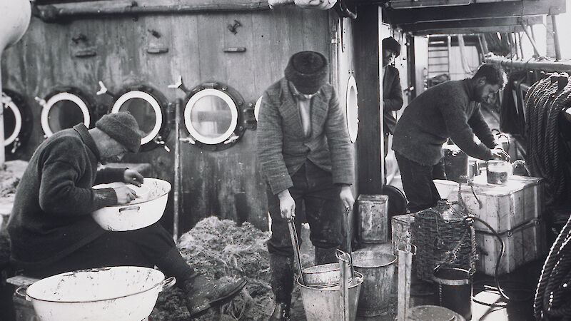 Douglas Mawson (left), Dr William Ingram and James Marr inspect a haul from the Southern Ocean during BANZARE.