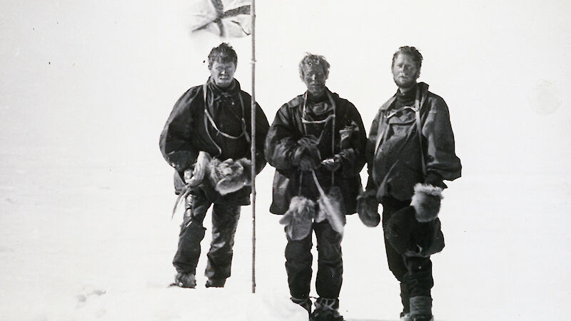 On 16 January 1909 (L-R) Alistair Forbes Mackay, T W Edgeworth David and Douglas Mawson arrived at the South Magnetic Pole after a three-month journey.