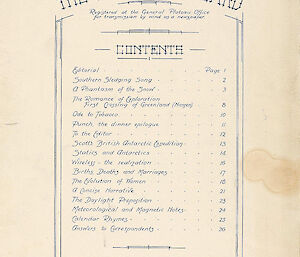 The contents page of the first issue of the Adélie Blizzard published in April 1913. The line under the masthead reads: ‘Registered at the General Plateau Office for transmission by wind as a newspaper’.