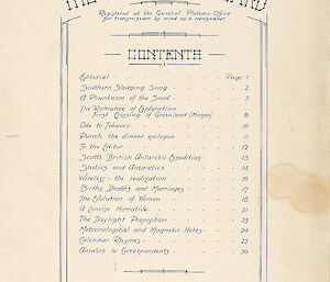 The contents page of the first issue of the Adélie Blizzard published in April 1913. The line under the masthead reads: ‘Registered at the General Plateau Office for transmission by wind as a newspaper’.