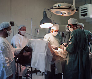 A mock operation for medical training purposes, Macquarie Island, 1971.