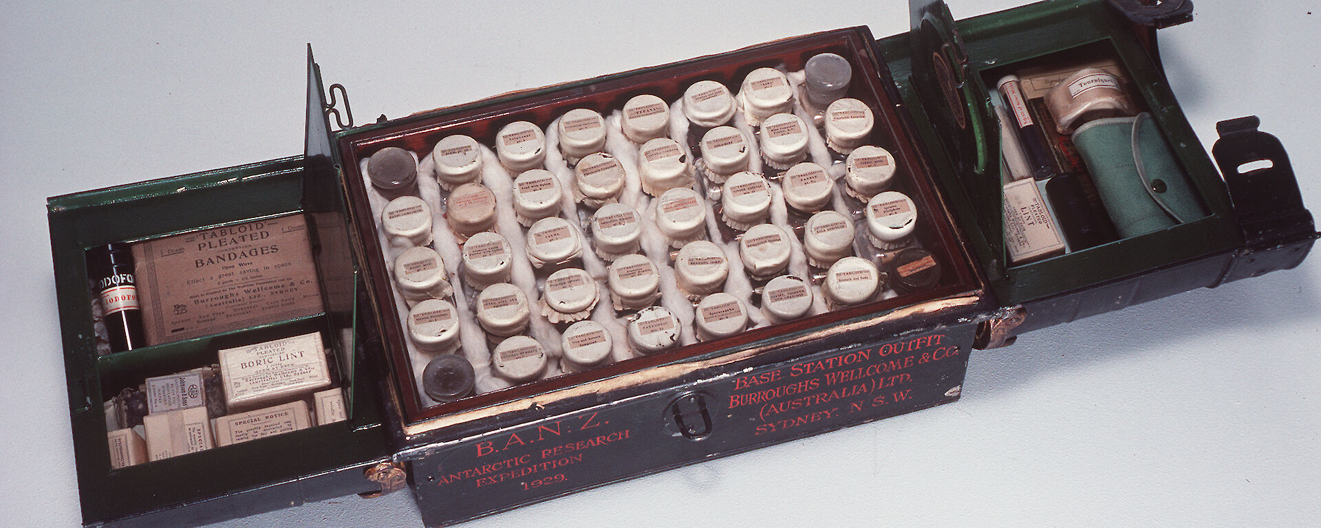 A Burroughs Wellcome & Co Ltd (Australia) Ltd Sydney medical chest used by the British, Australian and New Zealand Antarctic Research Expedition (BANZARE).