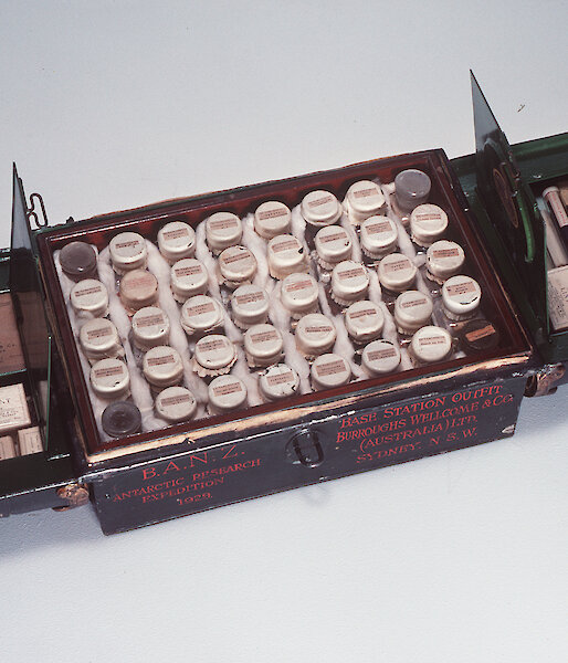 A Burroughs Wellcome & Co Ltd (Australia) Ltd Sydney medical chest used by the British, Australian and New Zealand Antarctic Research Expedition (BANZARE).