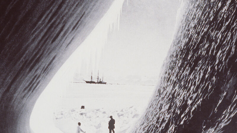 Herbert Ponting’s black and white image of the Terra Nova from an ice cave.