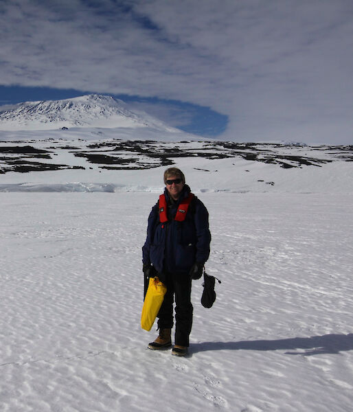 Dr Tony Fleming in front of Mt Erebus on Ross Island, during his trip to Antarctica earlier this year.