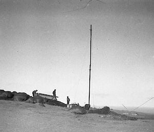 Australasian Antarctic Expedition expeditioners raise the wireless mast on Wireless Hill, Macquarie Island, 1912.