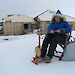 Marion spent six hours in relatively balmy conditions (0°C and no wind), spinning her blue wool fibre outside the Main Hut at Commonwealth Bay.