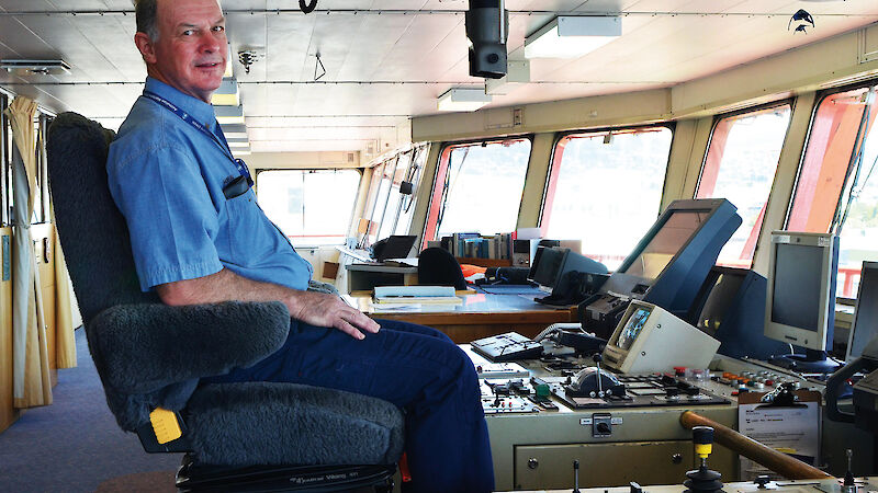Captain Murray Doyle at the controls of the Aurora Australis.