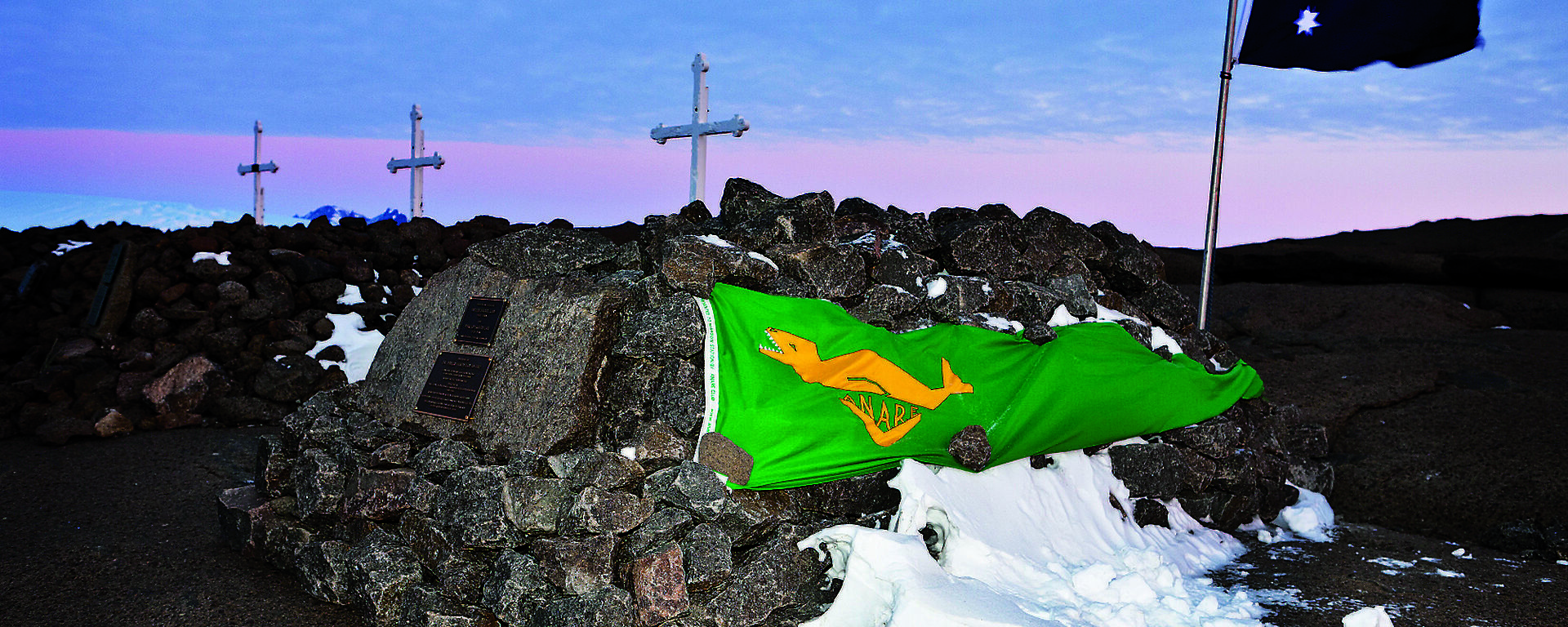 The final resting place of Phil and Nel Law’s ashes, alongside the graves of three other expeditioners who lost their lives in Antarctica.