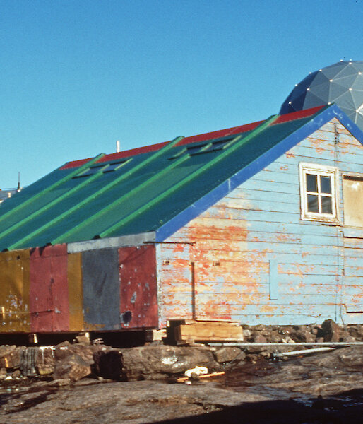 The weathered and colourful hut exterior in 1997.