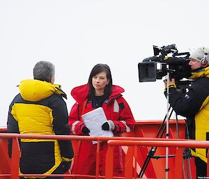 ABC journalist, Karen Barlow, interviews Dr Steve Rintoul onboard the Aurora Australis.