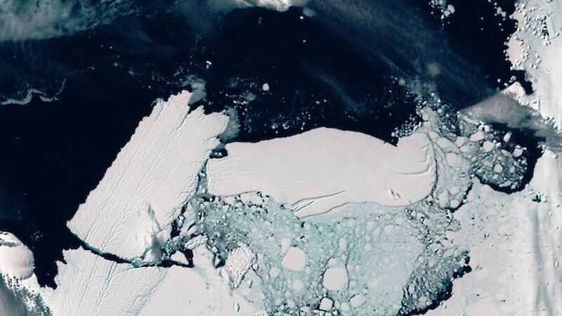 The Mertz Glacier tongue calves off after being hit by a giant iceberg.