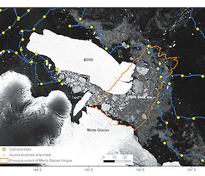 Ice conditions, ship track and sampling sites around the Mertz Glacier tongue during the Mertz Glacier voyage in January 2011.