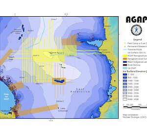 A map of the AGAP survey region showing the north and south camps and aerogeophysical survey regions.