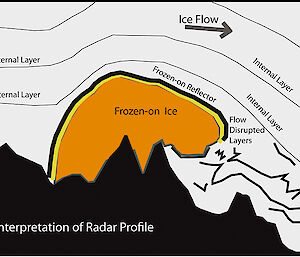 Interpretive graphic showing the upward deflection of the internal layers of ice over a section of re-frozen ice that spans almost 15km of the Gamburtsev Mountain range.