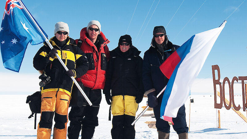 The inspection team at Vostok, L-R: Tim Bolotnikoff, Tony Worby, Gillian Slocum and Vostok Station Leader Alexey Turkeev