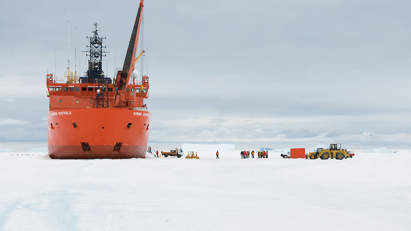 The Aurora Australis on the sea ice during the Davis resupply, 2011.