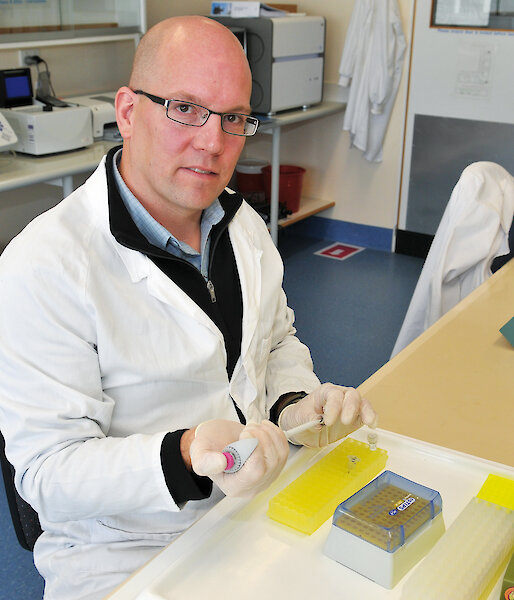 The first R J L Hawke Post Doctoral Fellow, Dr Bruce Deagle, in his lab at the Australian Antarctic Division.