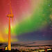 An aurora behind the wind turbine at Mawson.