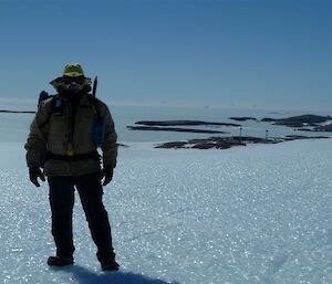 Descending off the plateau — Mawson station visible in the distance