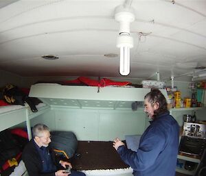 Expeditioners enjoying a snack in the field hut