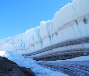 Wind scour with different coloured layers in the ice