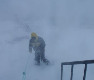 Expeditioner approaching a hut through the blizzard to get a feed of apple scrolls