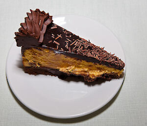 A serving of the baked pumpkin cheesecake with chocolate and peanut butter