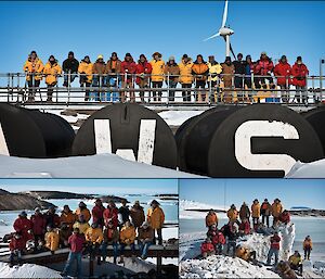 Three images of the wintering expeditioners taken in different locations around station for the 2011 official station photograph