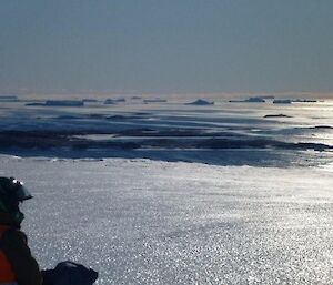 Sea ice forming, grey streaks on the blue water