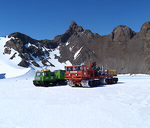 Pioneer and smaller tracked vehicle (Hägglunds) parked on the ice near Rumdoodle peak.