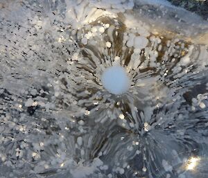 Close up of ice in melt lake showing the air bubbles creating patterns